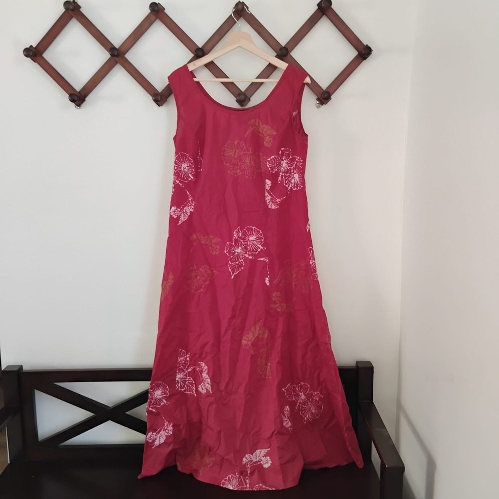 Batik vintage West Indies dress Sleeveless Red Maxi with feminine Island Florals